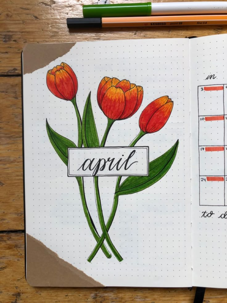 There is a bullet journal cover page for April. The bullet journal theme is tulips and flowers. Bullet journal theme for spring Task Ideas, Drawing Planner, Daily Bullet Journal, April Bullet Journal, Handmade Greeting Card Designs, Copic Marker Art, Bullet Journal Ideas, Day Planner Design, Bullet Journal Mood