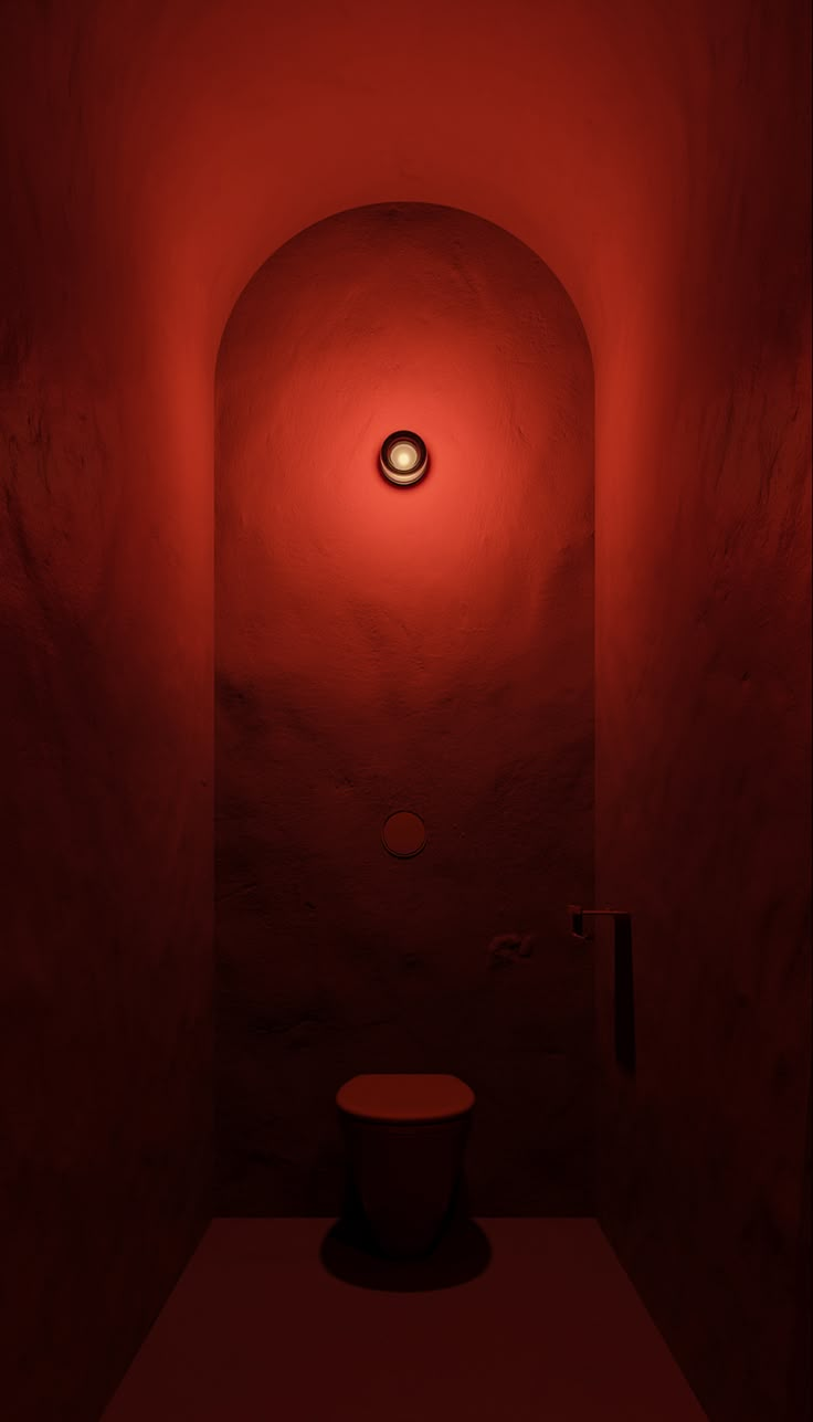 a red light shines on the wall above a toilet