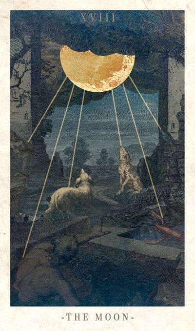 an image of the moon being observed by two men in front of a painting with gold foil on it