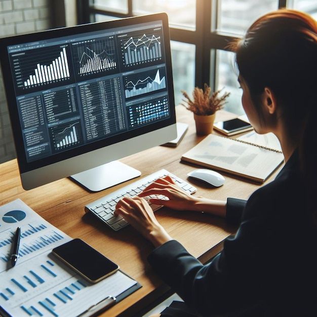 a woman sitting at a desk in front of a computer with graphs on the screen