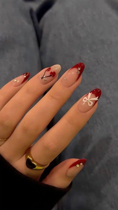 Cute Red Nails For Homecoming, Almond Nail Red Design, Red Floral French Tip Nails, Red Nail Art Designs Aesthetic, Aura Nails With Cherries, Short Almond Acrylic Nails Valentines, Cherry Almond Nails Designs, Red And White Nail Inspo Acrylic, Simple Valentines Day Nails Medium Length