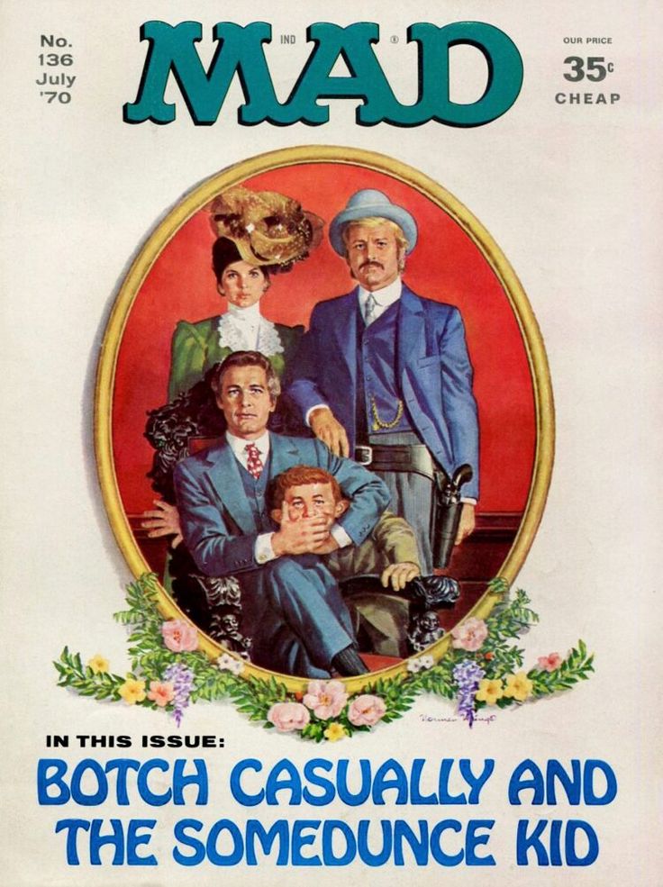 an advertisement for mad magazine featuring two men and a woman in suits, with the caption'botch causally and the same kid