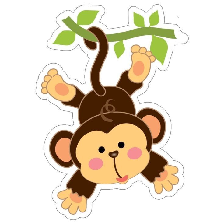 a sticker with a monkey hanging from a tree branch on it's head