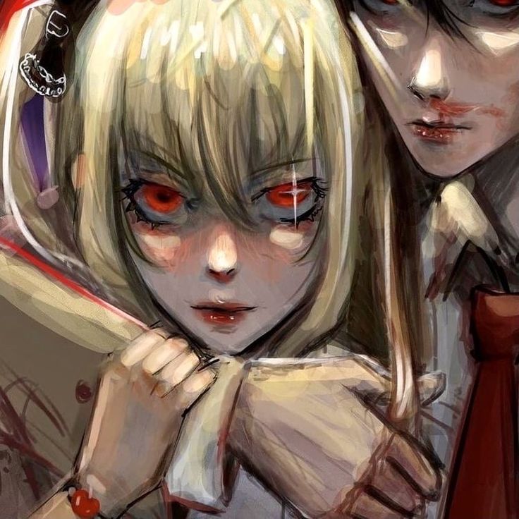 two anime characters one with red eyes and the other with blonde hair, both staring at something