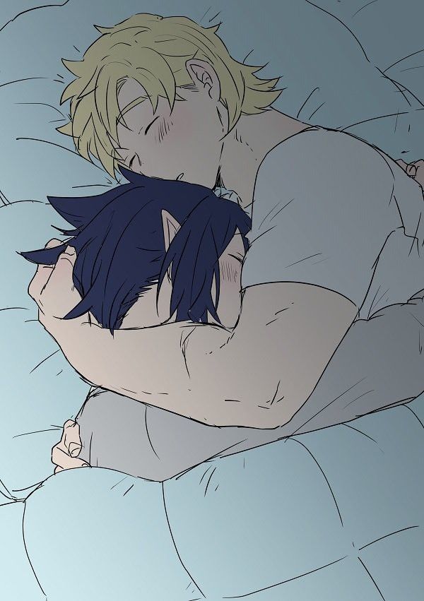 an anime character laying in bed with his head on the back of another person's shoulder