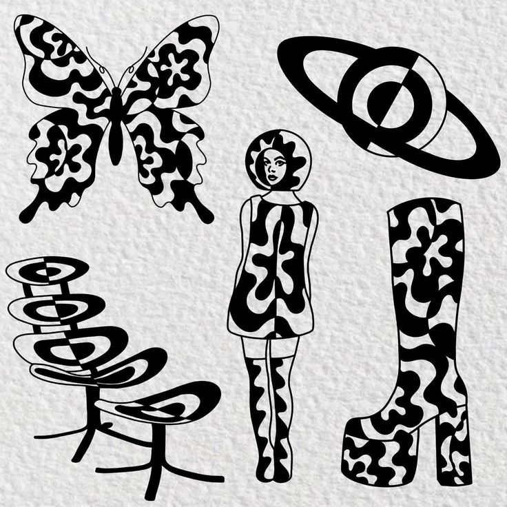 the silhouettes of women in black and white are shown with butterflies, chairs, and an object