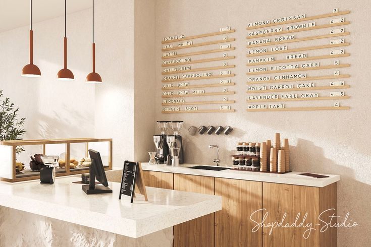 a white counter top in a kitchen next to a wall mounted wooden calendar on the wall