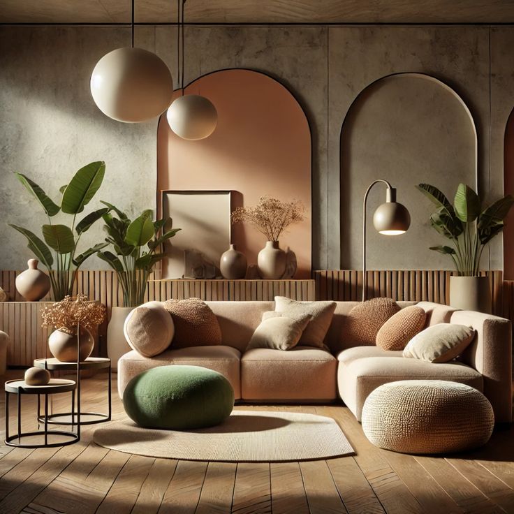 a living room filled with lots of furniture and large plants on the wall next to it