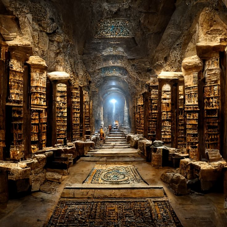 library of Alexandria underground scrolls books desks torches ancient 4K arabesque detailed dark old architecture large hall academia ruins untouched overgrown Petra stone wood Abandoned Library, Ancient Egypt Aesthetic, Ancient Alexandria, Ancient Egyptian Architecture, Ancient Library, Egypt Aesthetic, Fantasy Architecture, Library Of Alexandria, World Library