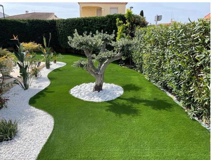 a small garden with grass and trees in the center, surrounded by shrubbery on either side