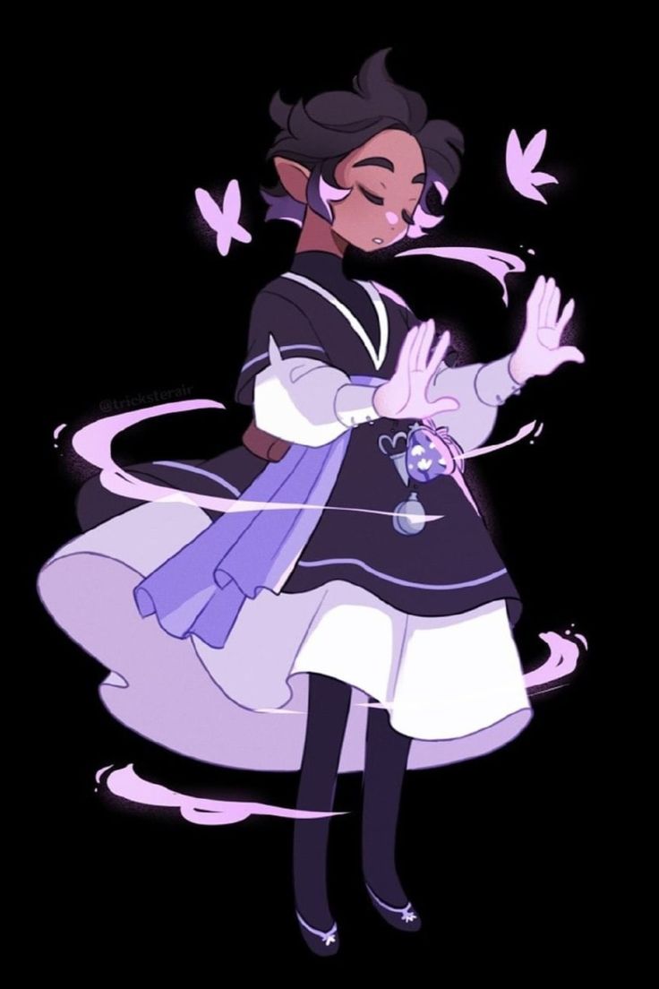 an animated character with purple hair and black dress, holding her hands out in the air