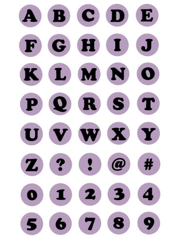 the letters and numbers are arranged in purple circles, with black dots on each side