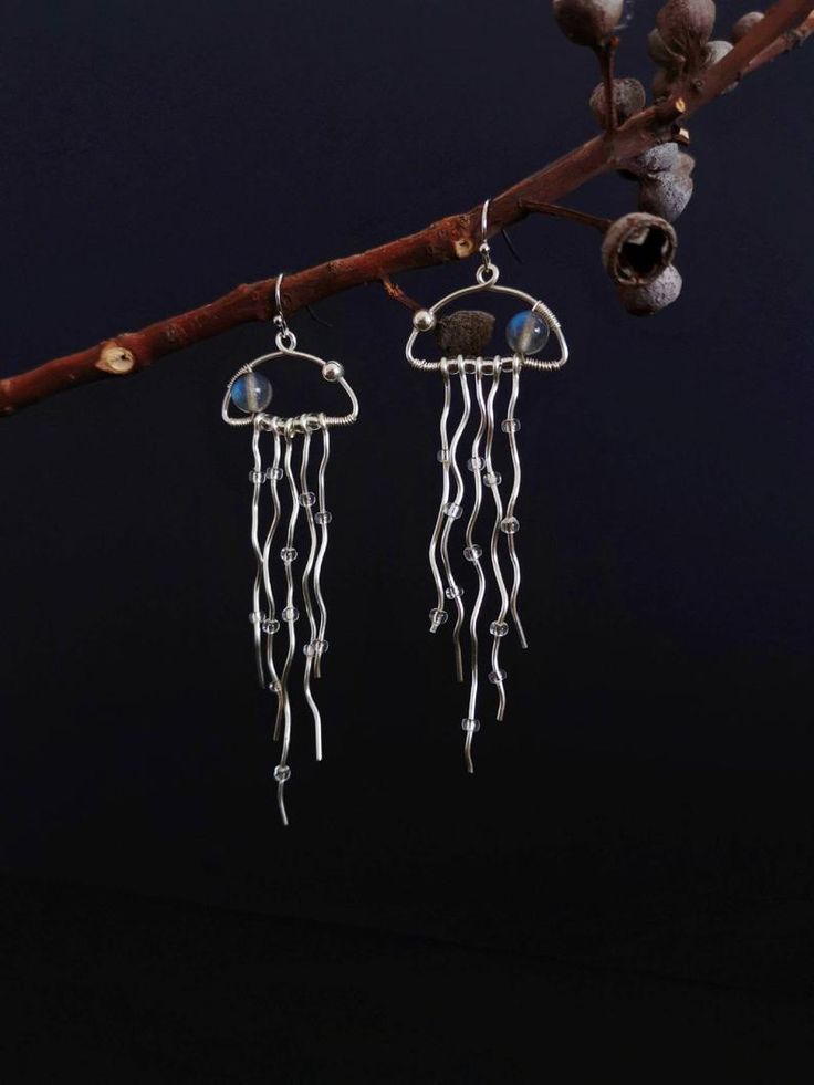 Labradorite Jellyfish Earrings Silver Extra Long Dangle Sea | Etsy Handmade Stone Jewelry, Hand Made B'day Gift, Jellyfish Earrings, Silver Wire Jewelry, Jellyfish Pendant, Wire Wrap Jewelry Designs, Handmade Crystal Jewelry, Bijoux Fil Aluminium, Diy Jewlery