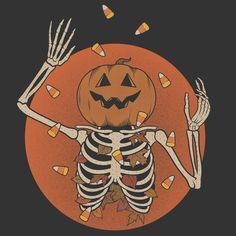 a skeleton with a jack o lantern on it's head and hands in the air