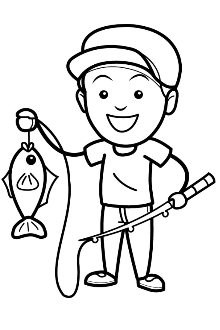 a boy with a fish and a fishing rod coloring page for kids free printable