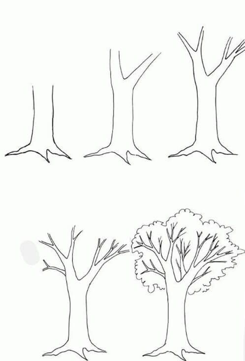 four different types of trees that are drawn in one line and the other is black and white