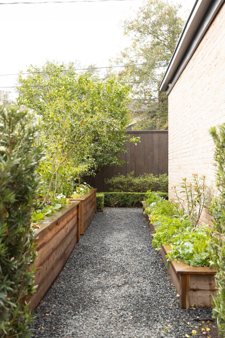 an outdoor garden with wooden planters and gravel path