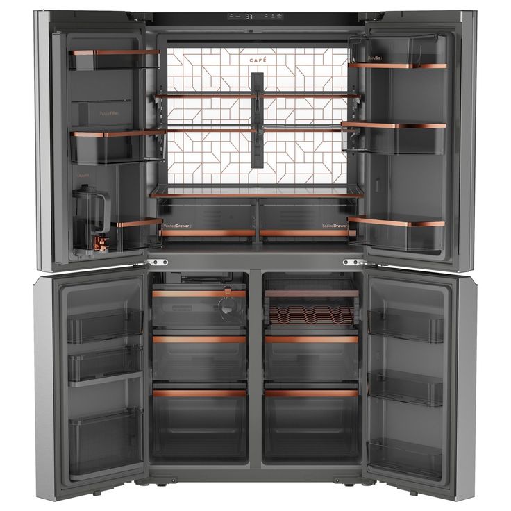 an open gray refrigerator with its doors wide open and shelves full of food in it