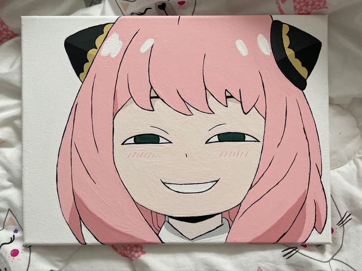 a painting of a girl with pink hair and black cat ears on it's head