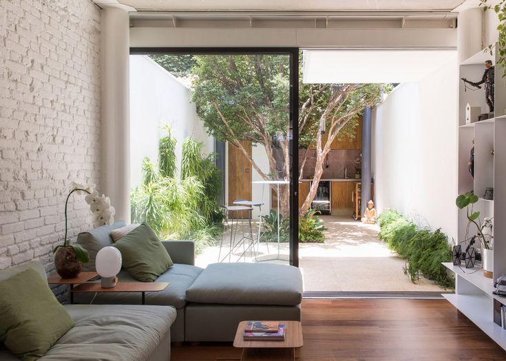 an open living room with sliding glass doors