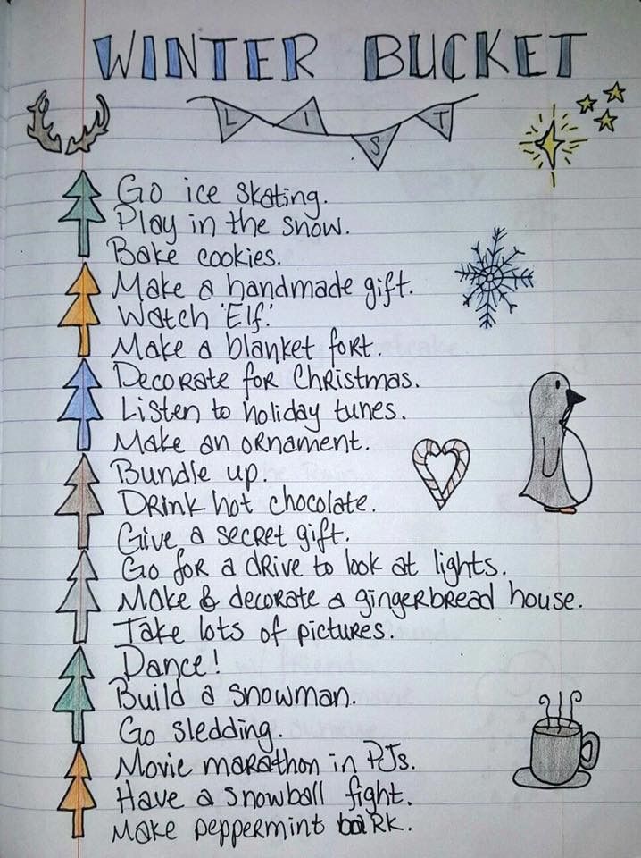 a notebook with writing on it that says, winter bucket list and an image of a penguin