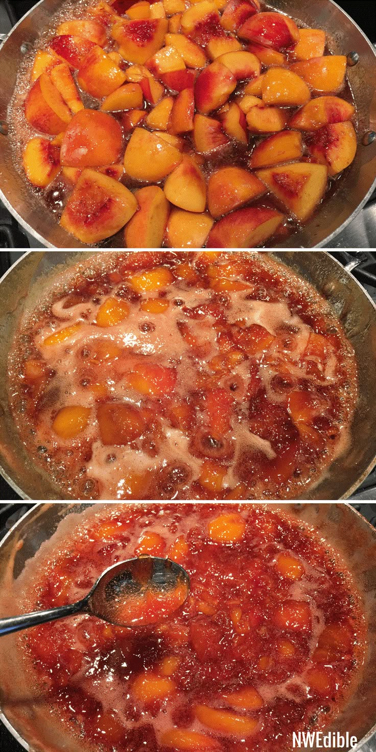 peaches are being cooked in a pan and then stirred with water to make the dish