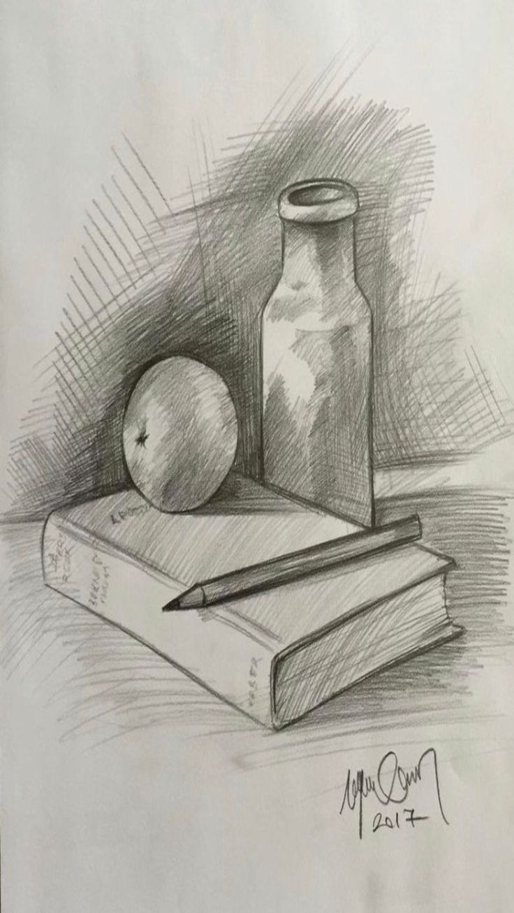 a pencil drawing of an apple and two jars on a table with a book next to it