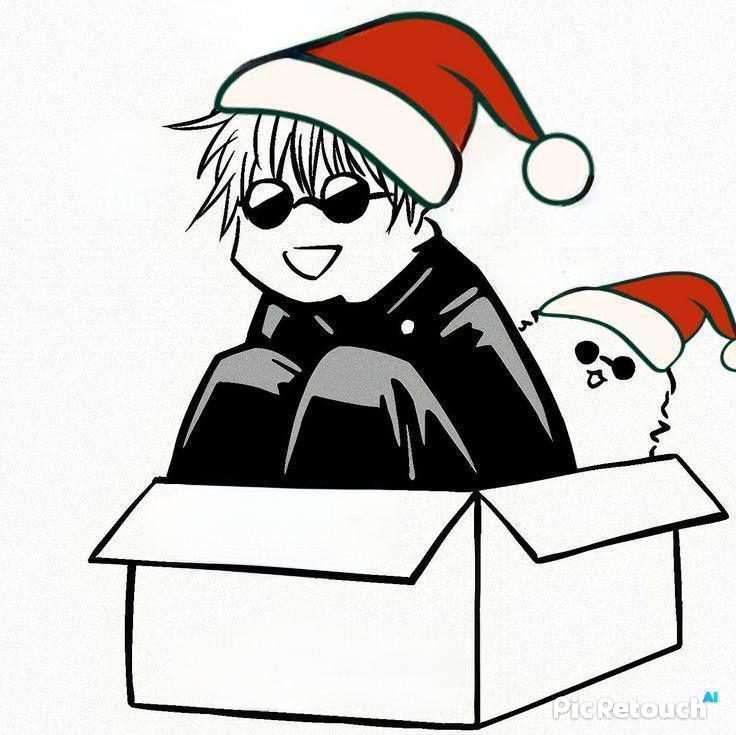 a drawing of a person in a box with a santa hat on and a small child wearing sunglasses