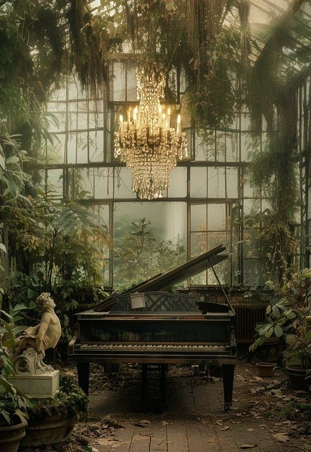 an old piano sitting in the middle of a room filled with plants and chandeliers