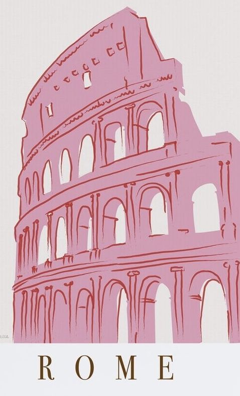 a pink poster with the word rome on it's side and an image of the colossion