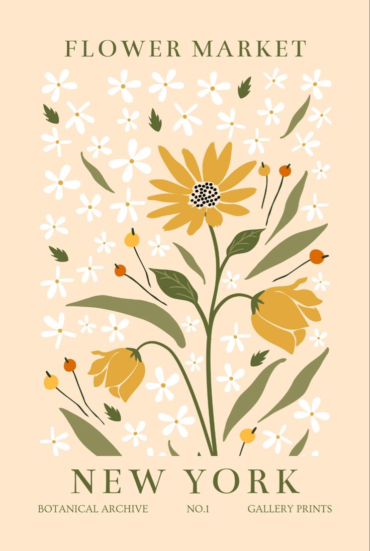 a flower market poster with yellow flowers and white daisies on a peach colored background