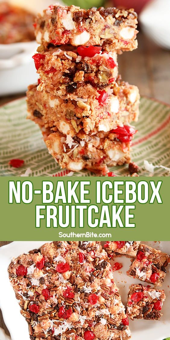 no - bake icebox fruitcake is stacked on top of each other