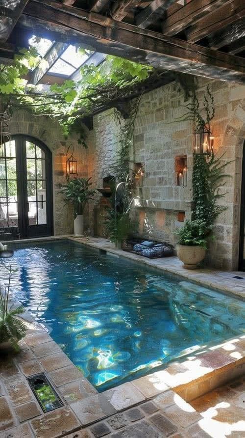 Indoor Pools In Houses, Bathhouse Ideas, Beautiful Courtyards, Hamilton Manor, Small Indoor Pool, Indoor Pool House, Indoor Pool Design, French Designs, Piscina Interior