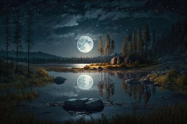 the full moon shines brightly in the night sky over a lake with rocks and trees