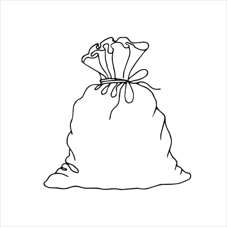 a black and white drawing of a bag with a bow on the top is shown