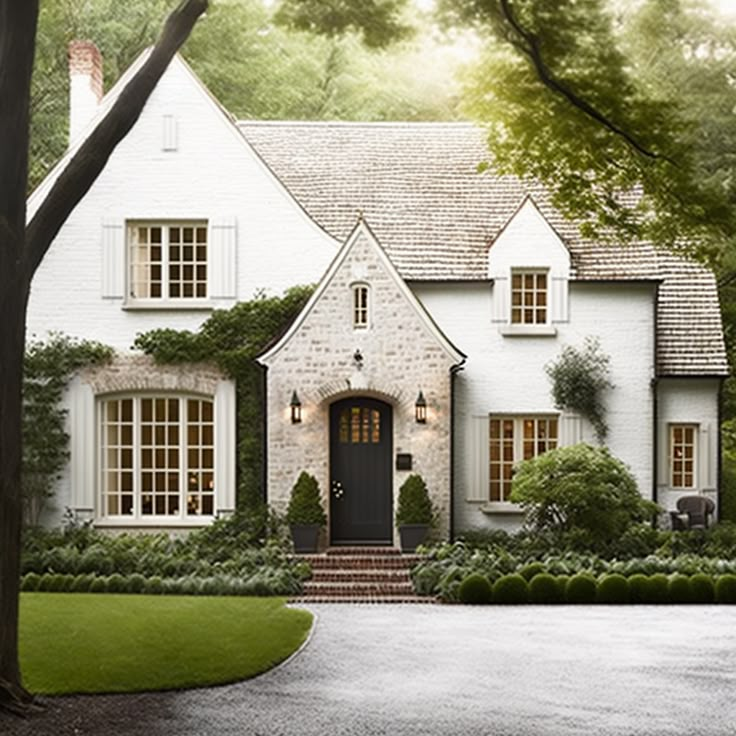 a large white house surrounded by trees and bushes