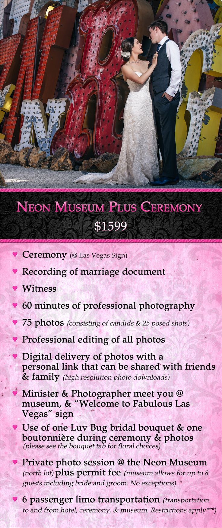 a flyer for a wedding in front of neon museum plus ceremony at the las vegas hotel and casino