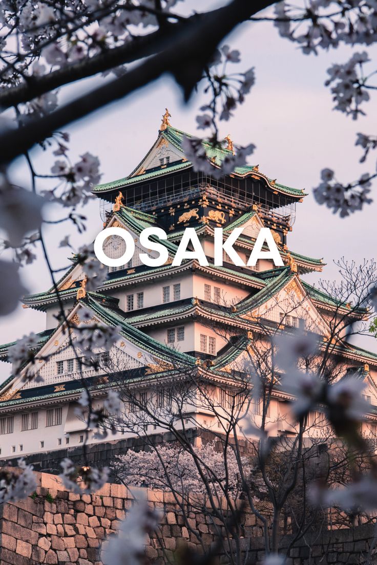 the words osak on top of a building with cherry blossoms in front of it