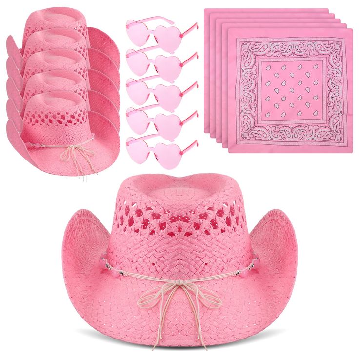 PRICES MAY VARY. Amount of Packaging: the package comes with 5 pieces of pink straw cowboy hats for women, 5 pairs of pink clear heart shape sunglasses, and 5 pieces of pink bandana, classic match never goes out of style, suitable for parties, games and other dress up, enough quantity and classic styles can meet your use or replacement needs Pink Bandanas: the pink printed scarf is made of polyester with a clear pattern and soft and comfortable to use, it is approx. 53 x 54 cm/ 20.87 x 21.26 inches, the right size for many purposes, such as a hairband, headband, or wrapped around a bag as a decorative item Pink cowgirl hat for women: our pink cowboy hat is made of paper straw material, fine workmanship, simple and generous appearance, with a neck drawstring design, you can adjust according