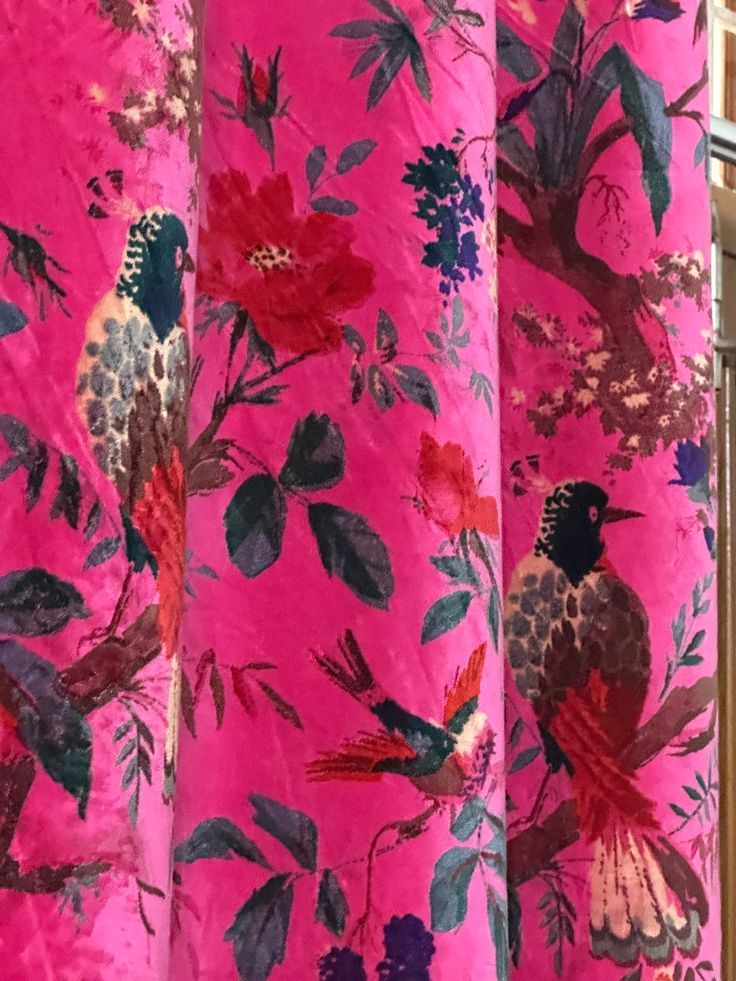 pink curtains with birds and flowers on them