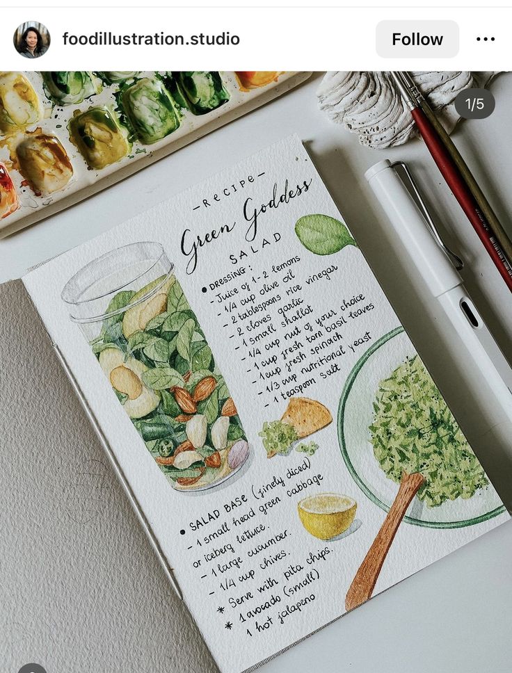 a recipe book with food illustrations on it