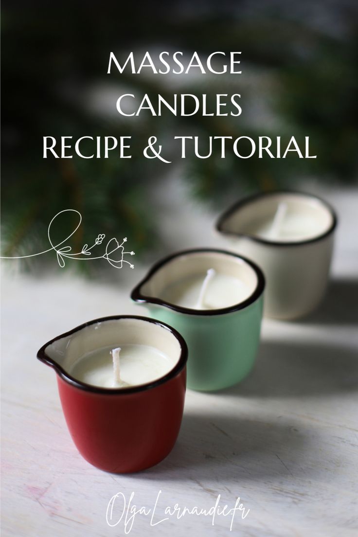 three candles sitting on top of each other with the words massage candles recipe and tutor