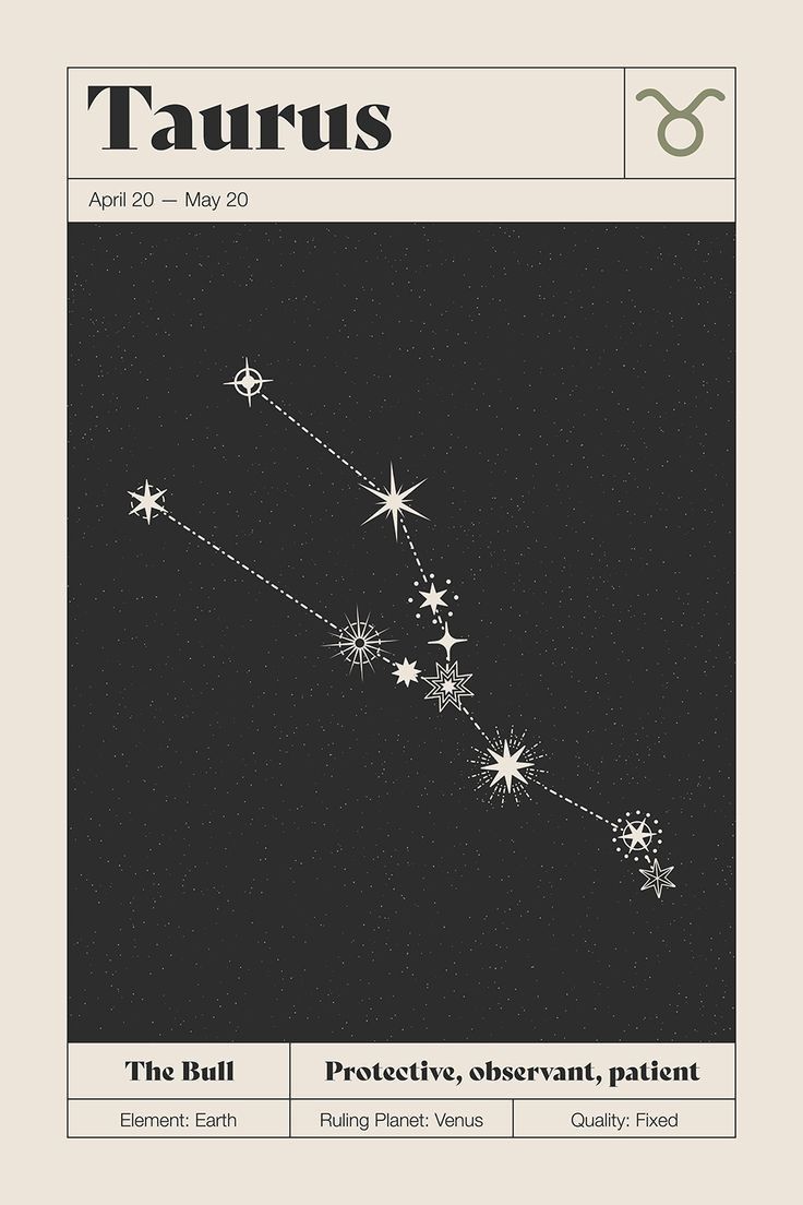 the zodiac sign taurus is depicted in this black and white poster with stars on it