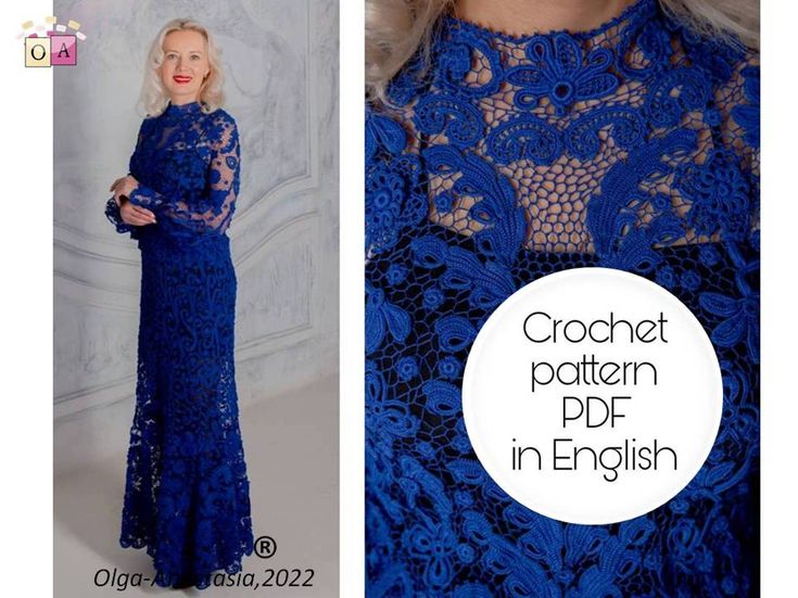 a woman wearing a blue lace dress with the words crochet pattern pdr in english