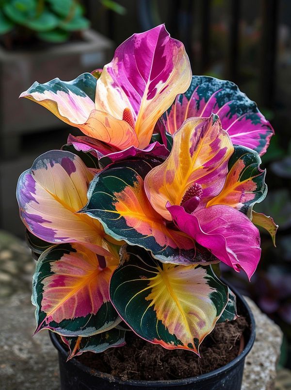 a potted plant with multicolored flowers sitting on top of a stone slab