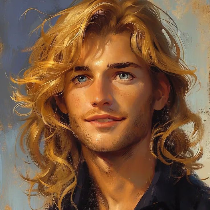 a painting of a man with long blonde hair and blue eyes looking at the camera