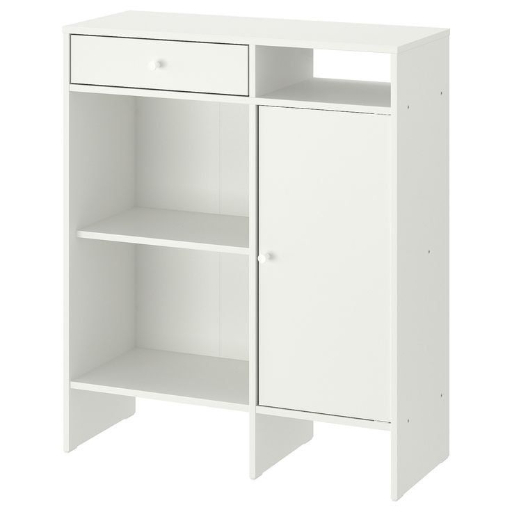 a white cabinet with two shelves and one door open on the right side, isolated against a white background