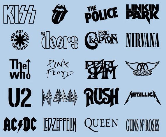 the rock band logos are shown in black and white on a light blue background,