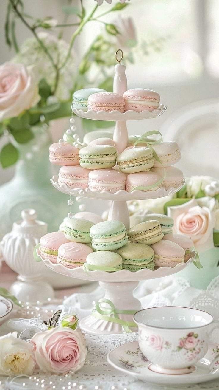 Garden Tea Party Cake Ideas, Tea Party Macarons, Rococo Tea Party, Bridal Party Tea Party, Tea Party Tea Station, Bridgerton Party Decor Ideas, Alternative Birthday Cake, Bridgerton Christmas, Bridgeton Party