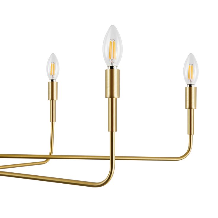 three light brass chandelier with white glass bulbs and gold metal arms, on a white background